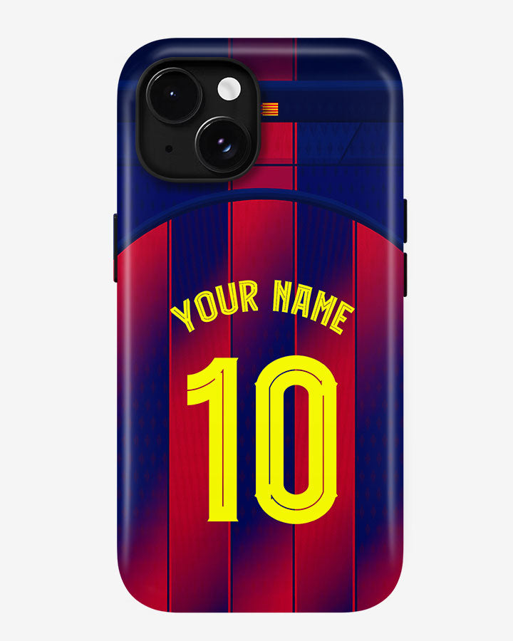 Phone case with red and blue striped design, yellow text, and camera cutout.