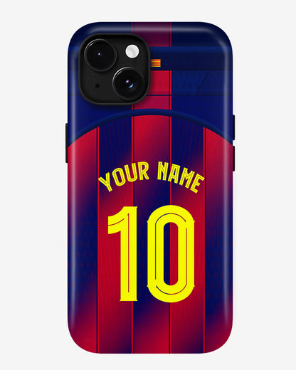 Phone case with red and blue striped design, yellow text, and camera cutout.