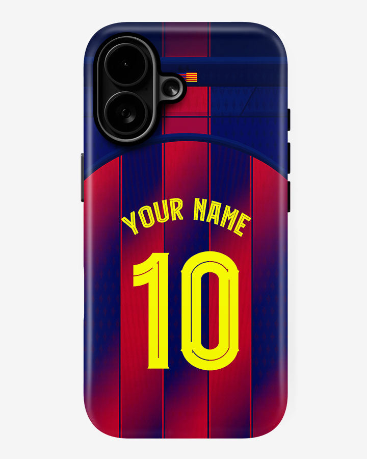 Phone case with red and blue striped design, yellow text, and camera cutout.