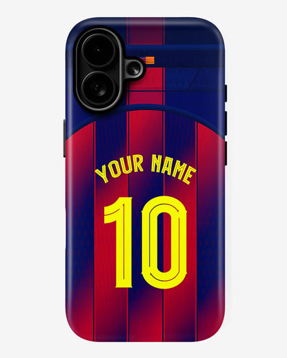 Phone case with red and blue striped design, yellow text, and camera cutout.