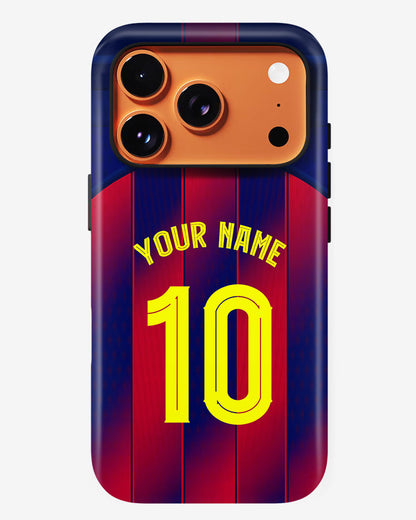 Phone case with red and blue striped design, yellow text, and camera cutouts.