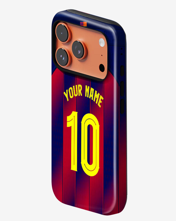 Phone case with red and blue design, number 10, and space for personalization on a white background.