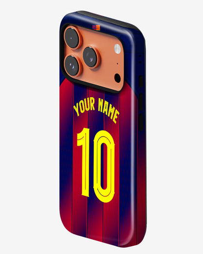 Phone case with red and blue design, number 10, and space for personalization on a white background.