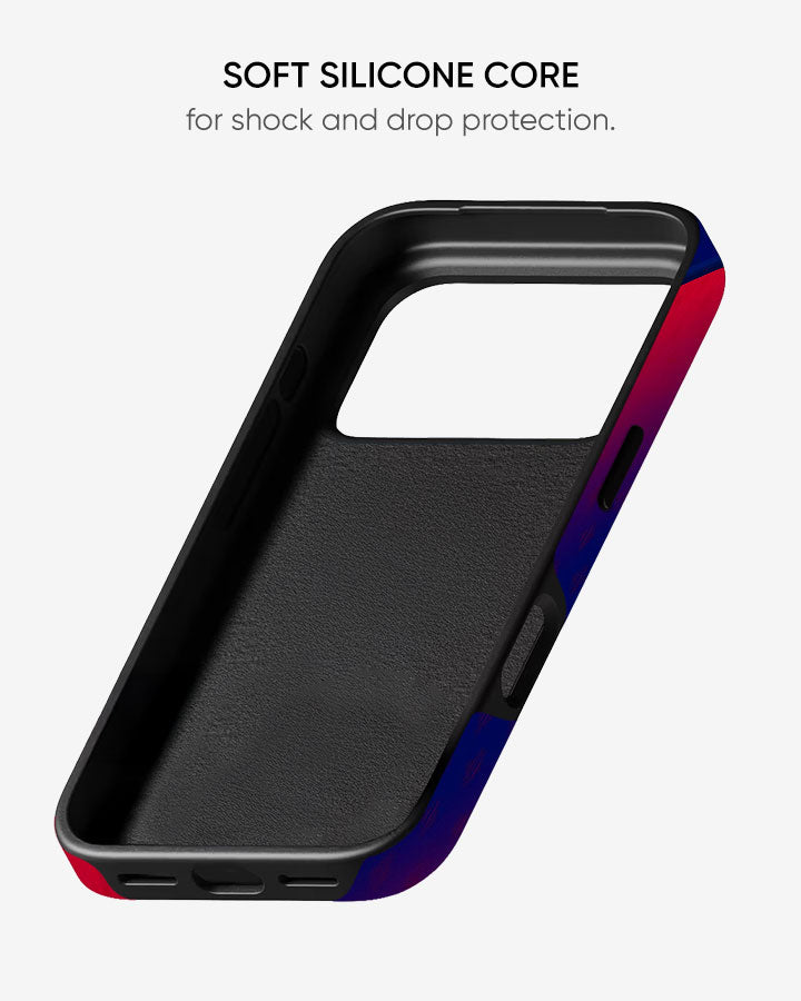 Phone case with soft silicone core for shock and drop protection on a white background