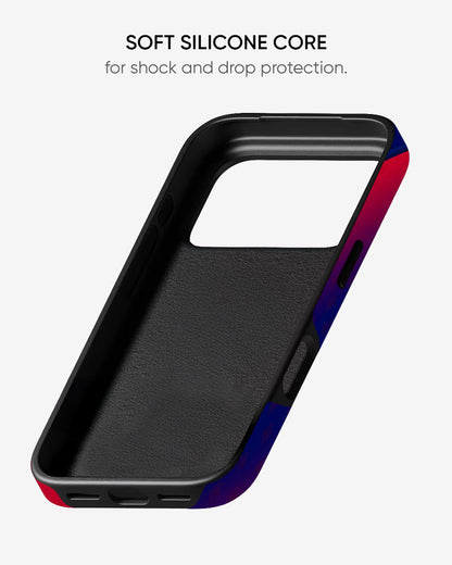 Phone case with soft silicone core for shock and drop protection on a white background