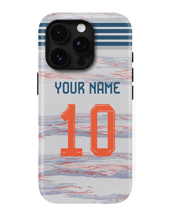 Phone case with customizable text on a striped background