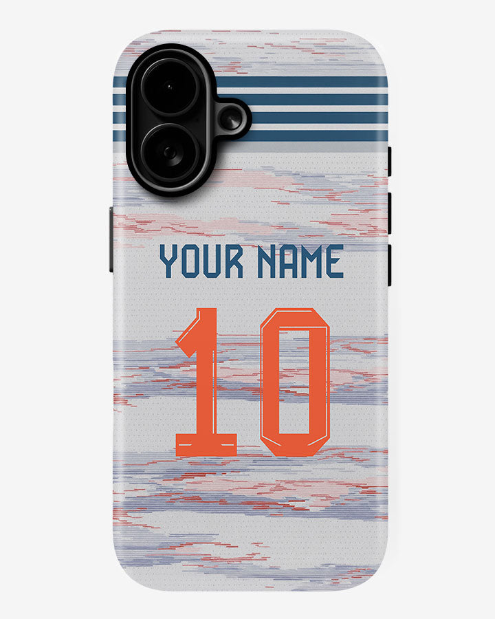 Phone case with customizable text on a marbled background