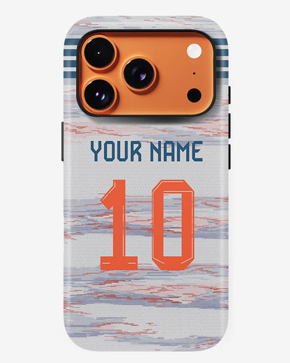 Phone case with customizable text on a white background