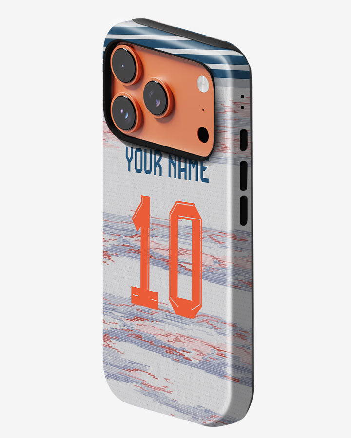 Phone case with customizable text on a white background
