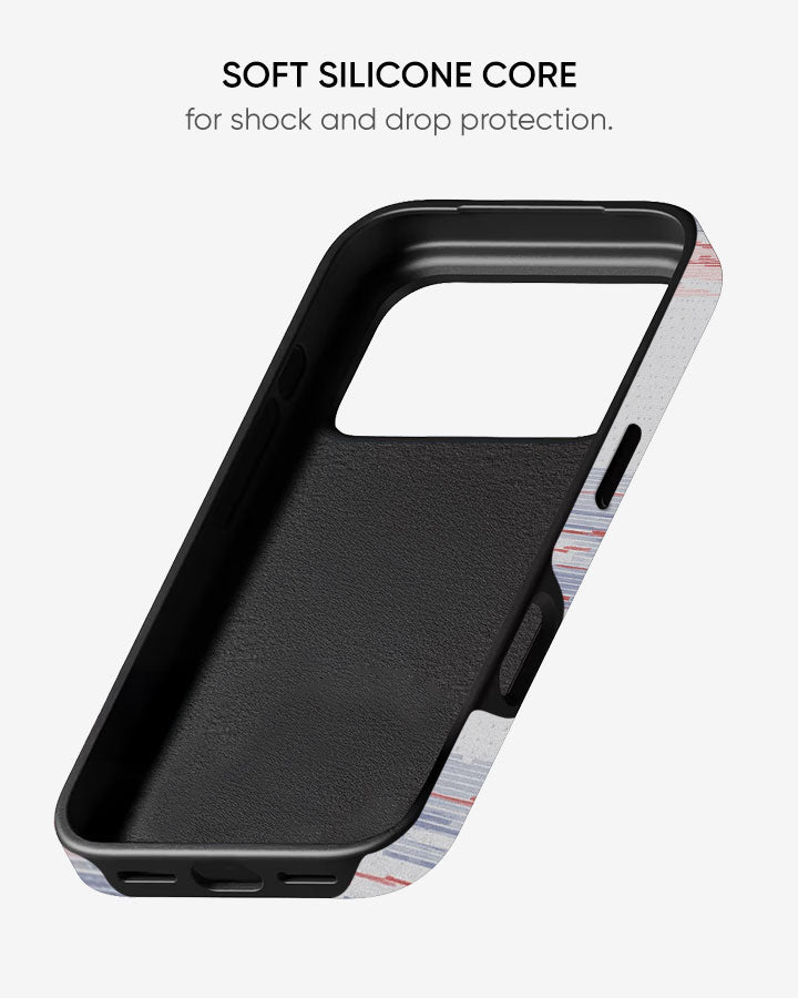 Black phone case with soft silicone core for shock and drop protection on a white background