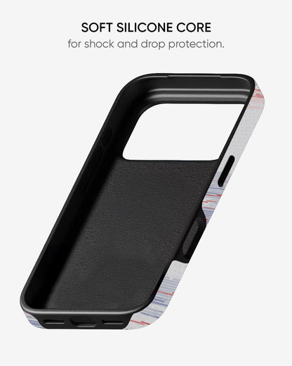 Black phone case with soft silicone core for shock and drop protection on a white background