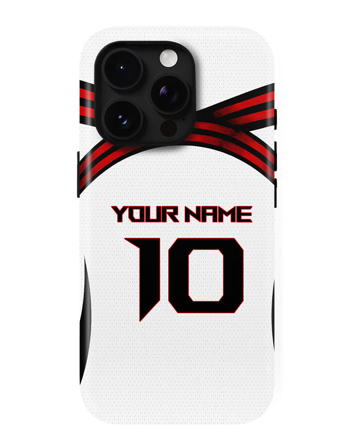 Phone case with a red and black design on a white background