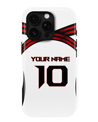 Phone case with a red and black design on a white background