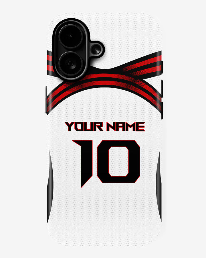 White tank top with red and black design, customizable text on a white background