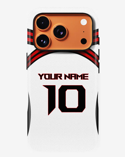 Phone case with customizable text on a white background