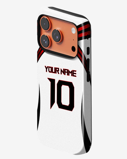 Phone case with customizable name and number design on a white background