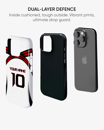 Phone case with dual-layer defense feature, showing front, back, and side views.