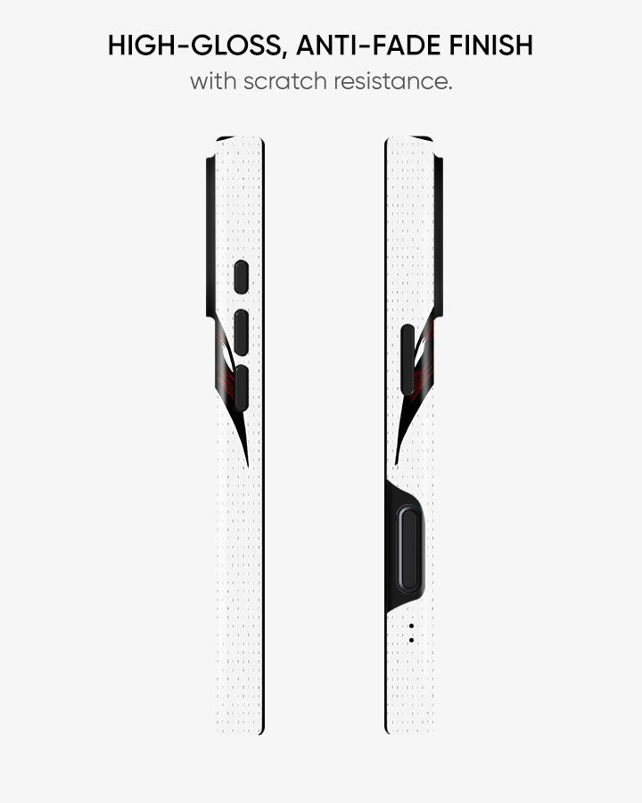 Two smartphone cases with high-gloss, anti-fade finish and scratch resistance on a white background.