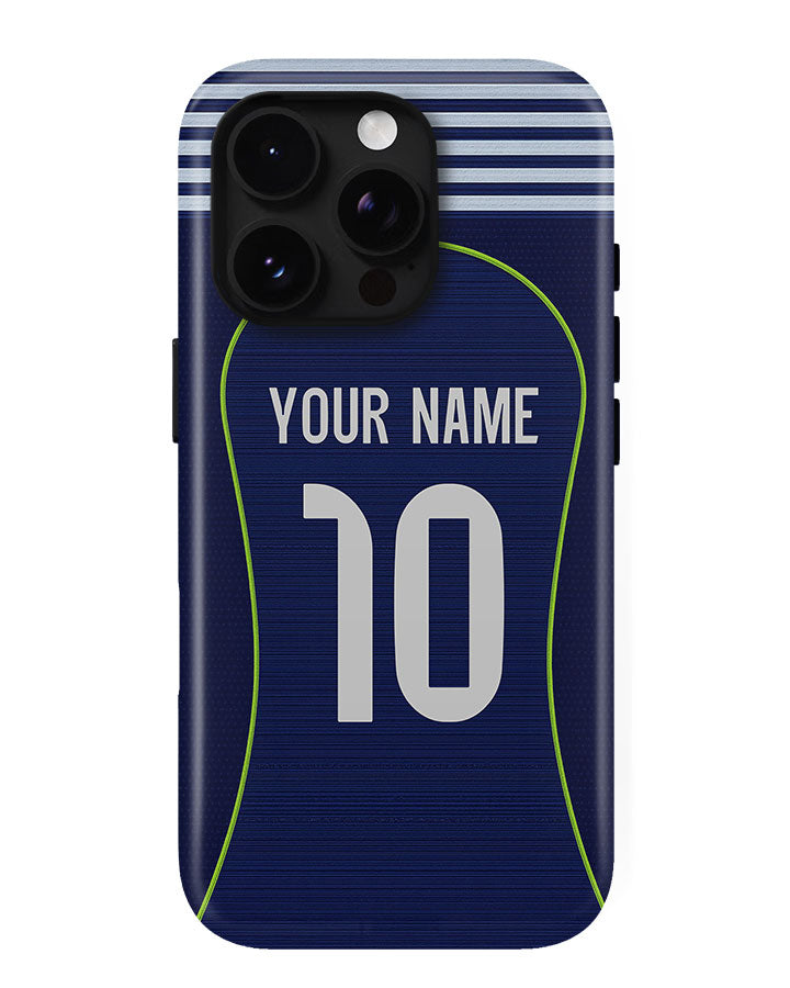 Phone case with customizable name and number on a blue background