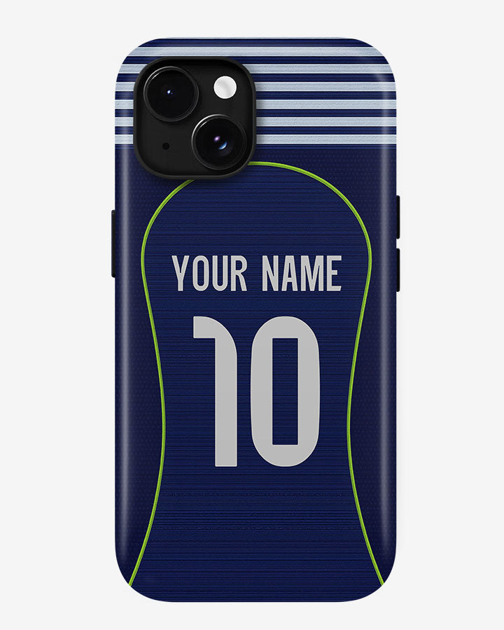 Phone case with customizable name and number on a blue background