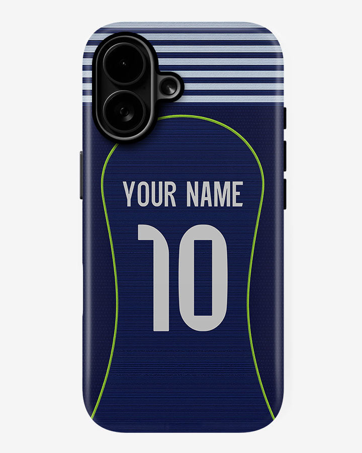 Phone case with customizable name and number on a blue background