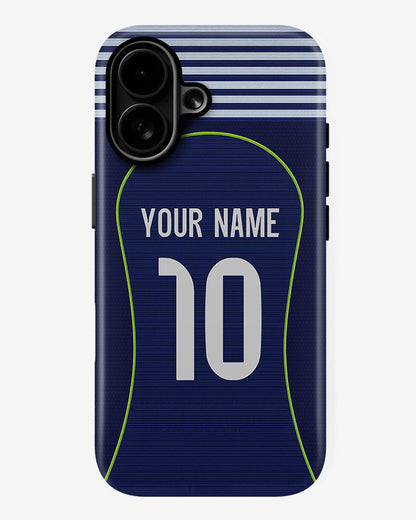Phone case with customizable name and number on a blue background