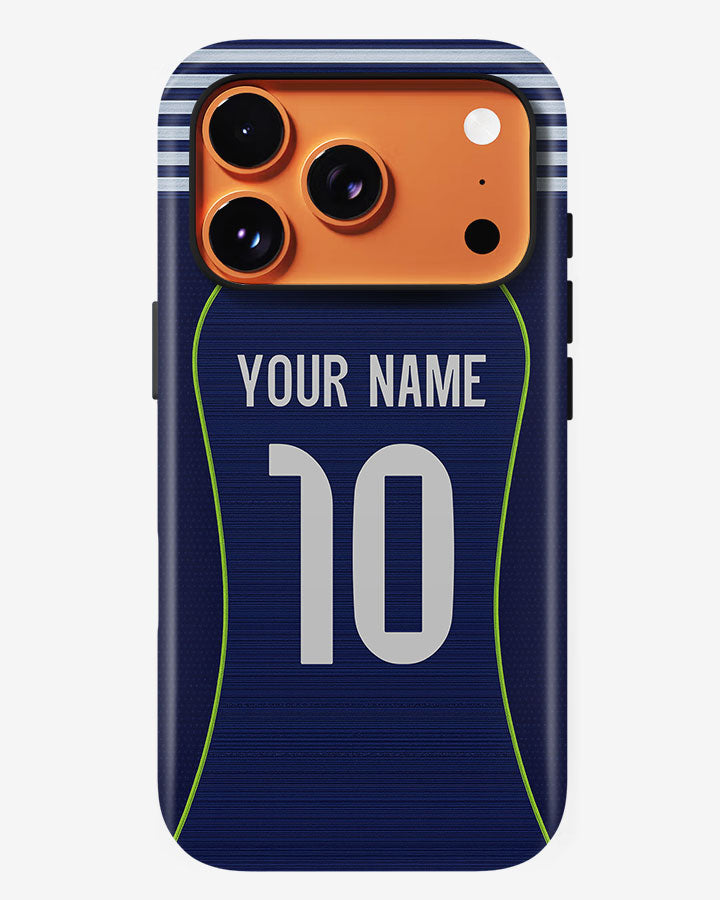 Phone case with customizable name and number on a blue background