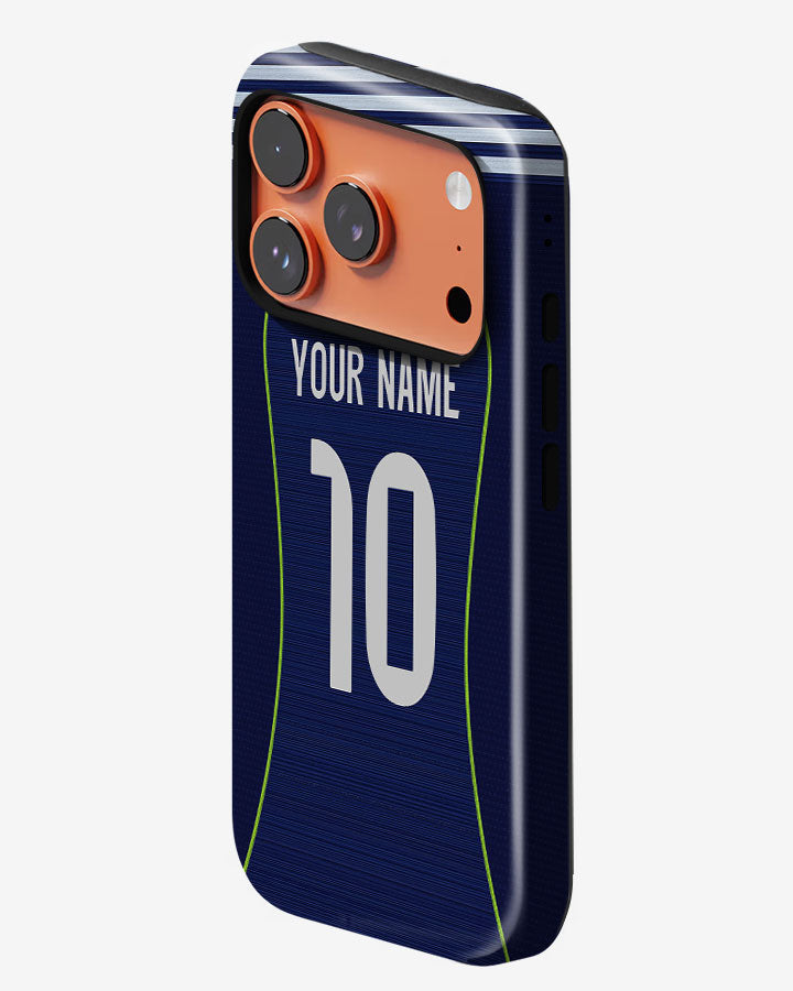 Phone case with customizable name and number on a white background