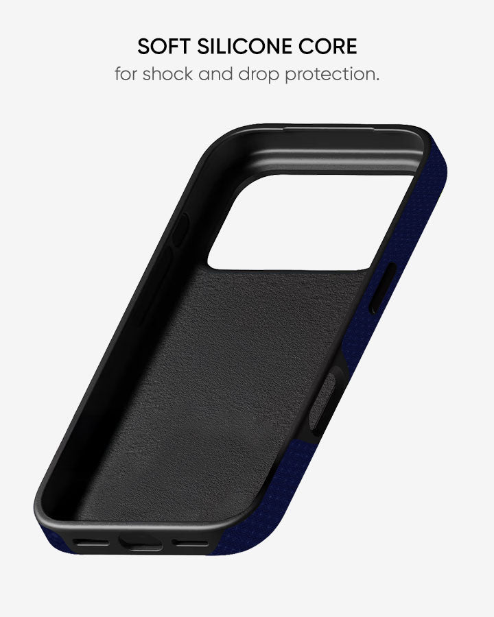 Black phone case with soft silicone core for shock and drop protection on a white background