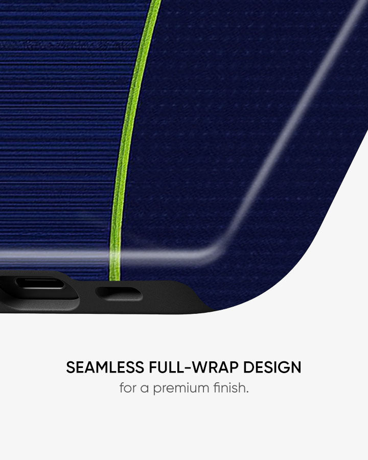 Navy blue phone case with a green accent line on a white background