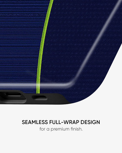 Navy blue phone case with a green accent line on a white background