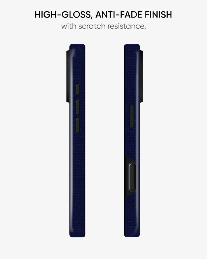 Two views of a blue phone case with text about high-gloss, anti-fade finish and scratch resistance on a light gray background.