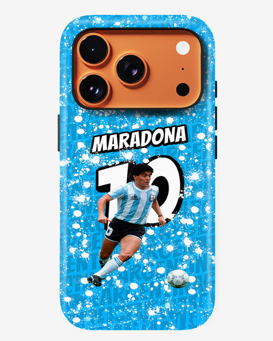 Phone case with a soccer player and 'Maradona' text on a blue background