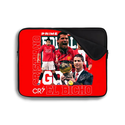 Laptop sleeve with images of a soccer player and text on a red background
