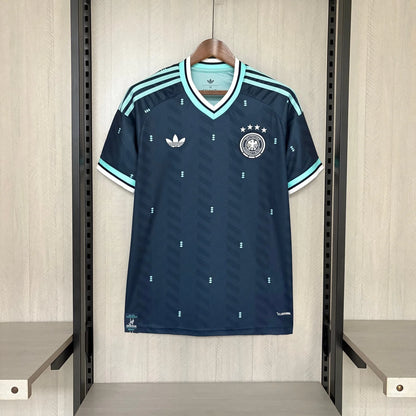Navy blue sports jersey with light blue accents on a hanger against a neutral background
