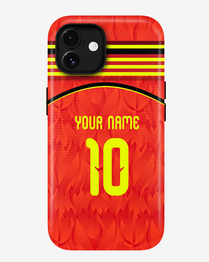 Phone case with red background, yellow number 10, and customizable text on a white background