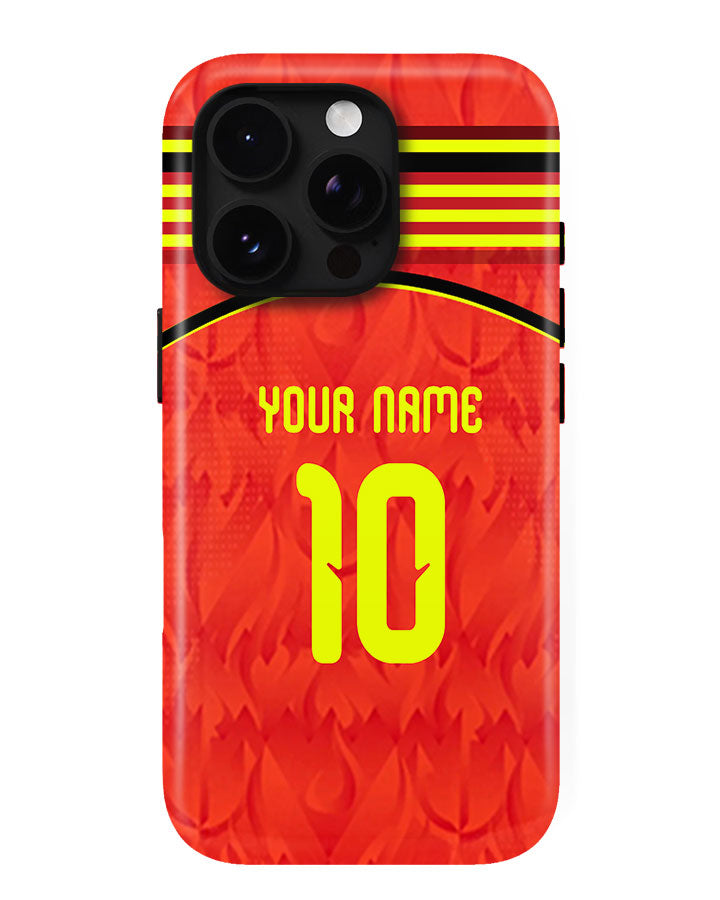 Phone case with red background, yellow number 10, and customizable text on a white background