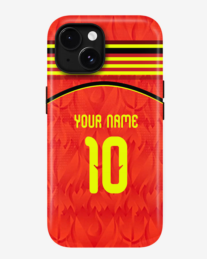 Phone case with red background, yellow number 10, and customizable text