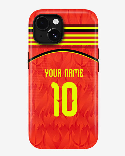 Phone case with red background, yellow number 10, and customizable text