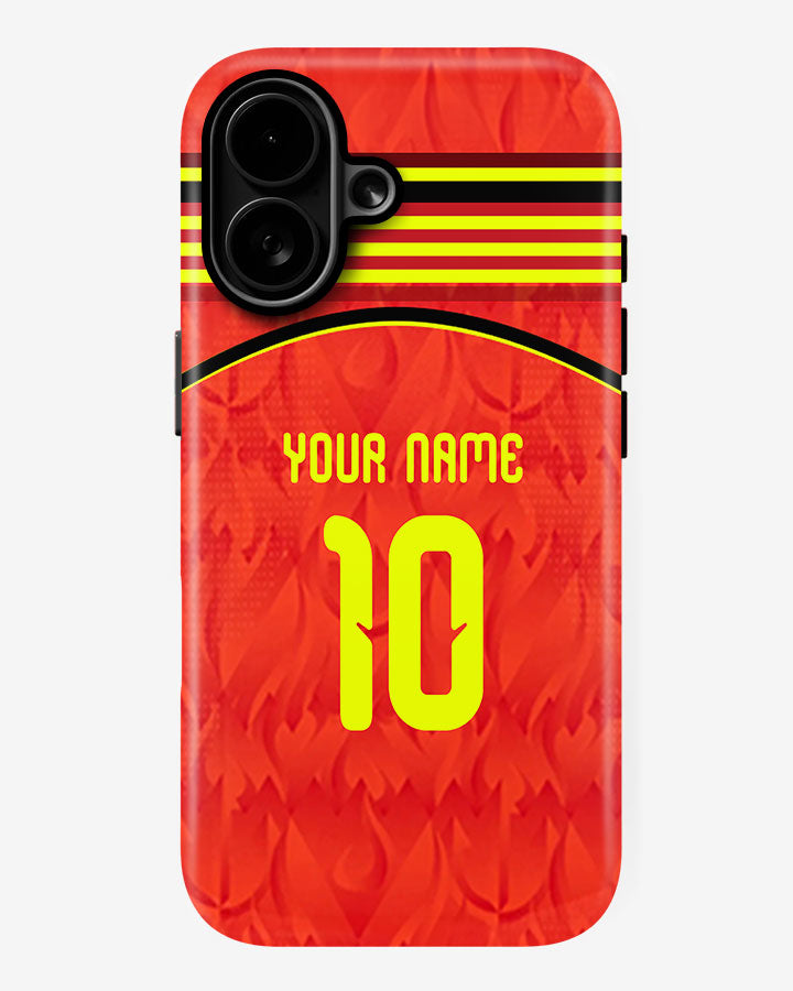 Red phone case with yellow number 10 and customizable text on a white background