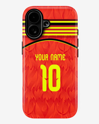 Red phone case with yellow number 10 and customizable text on a white background