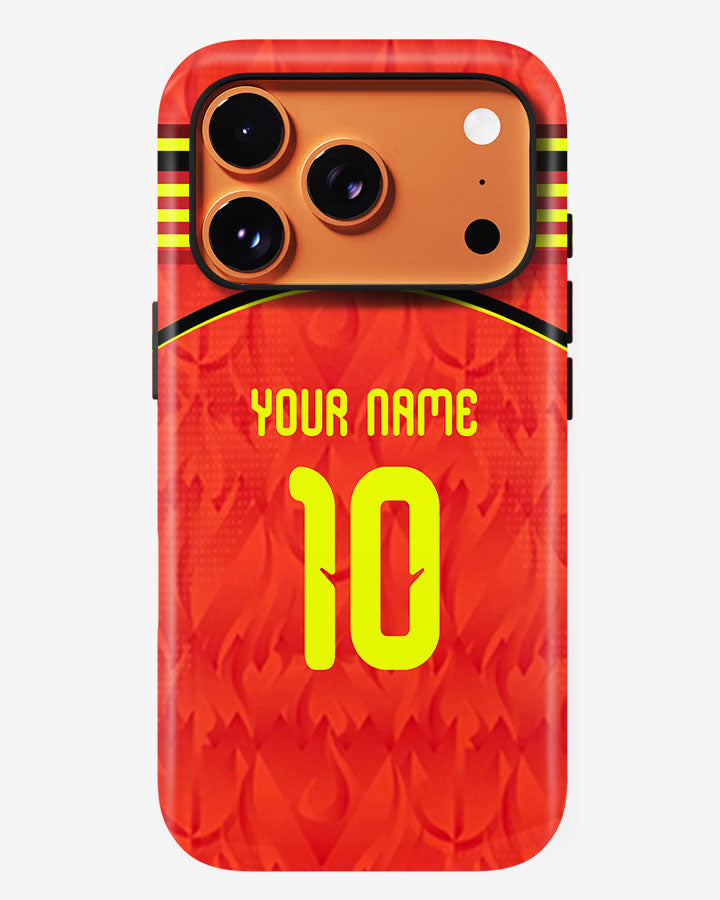 Phone case with red background, yellow number 10, and customizable text on a white background