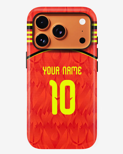 Phone case with red background, yellow number 10, and customizable text on a white background