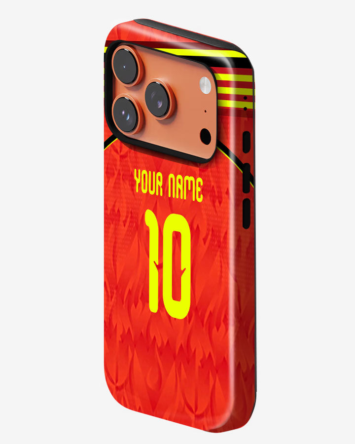 Phone case with red background, yellow number 10, and customizable text on a white background