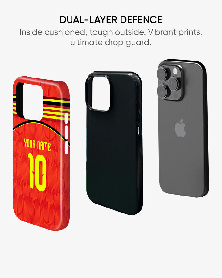 Phone case with red design, black case, and gray back on a white background