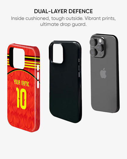 Phone case with red design, black case, and gray back on a white background