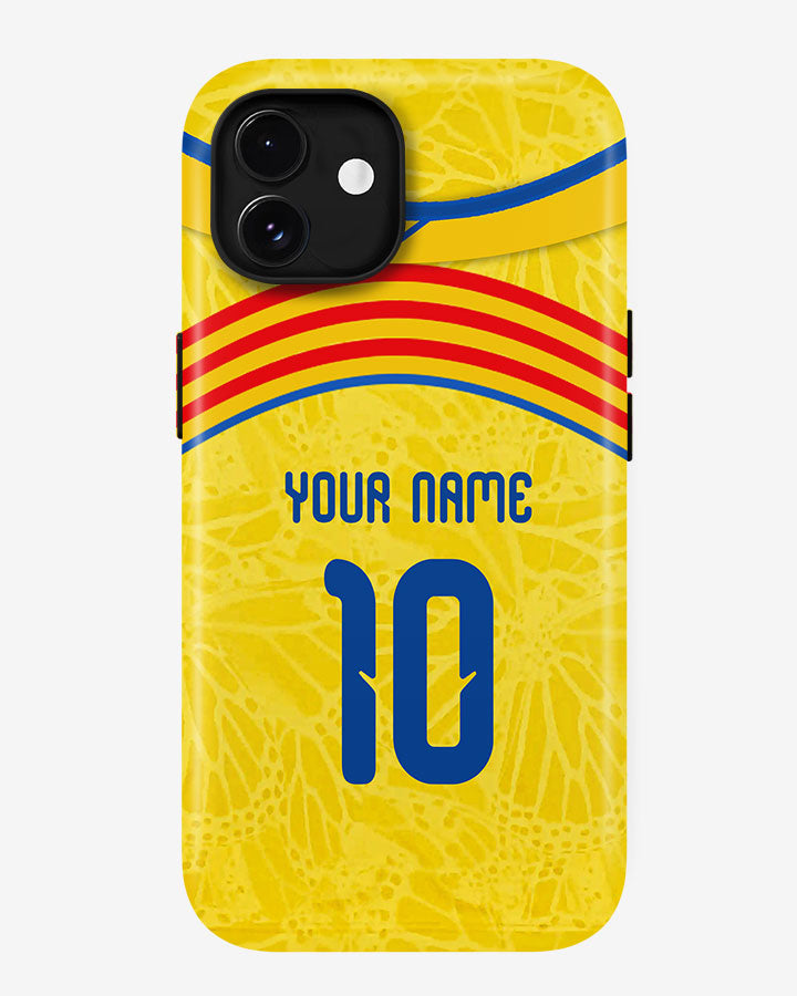 Phone case with yellow background, red and blue stripes, and customizable text.