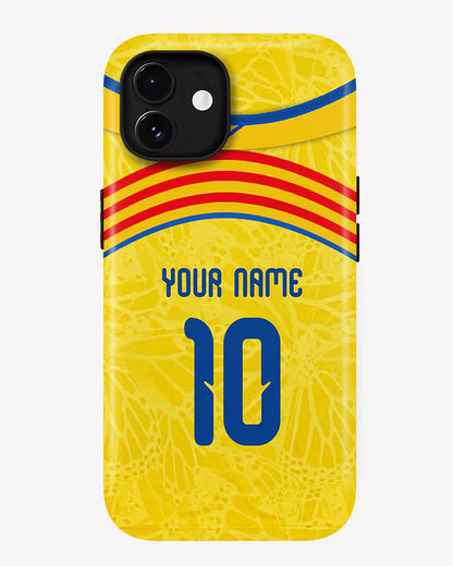Phone case with yellow background, red and blue stripes, and customizable text.
