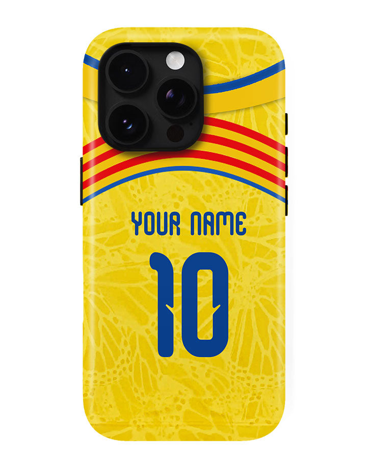 Phone case with a yellow background, red and blue stripes, and customizable text.