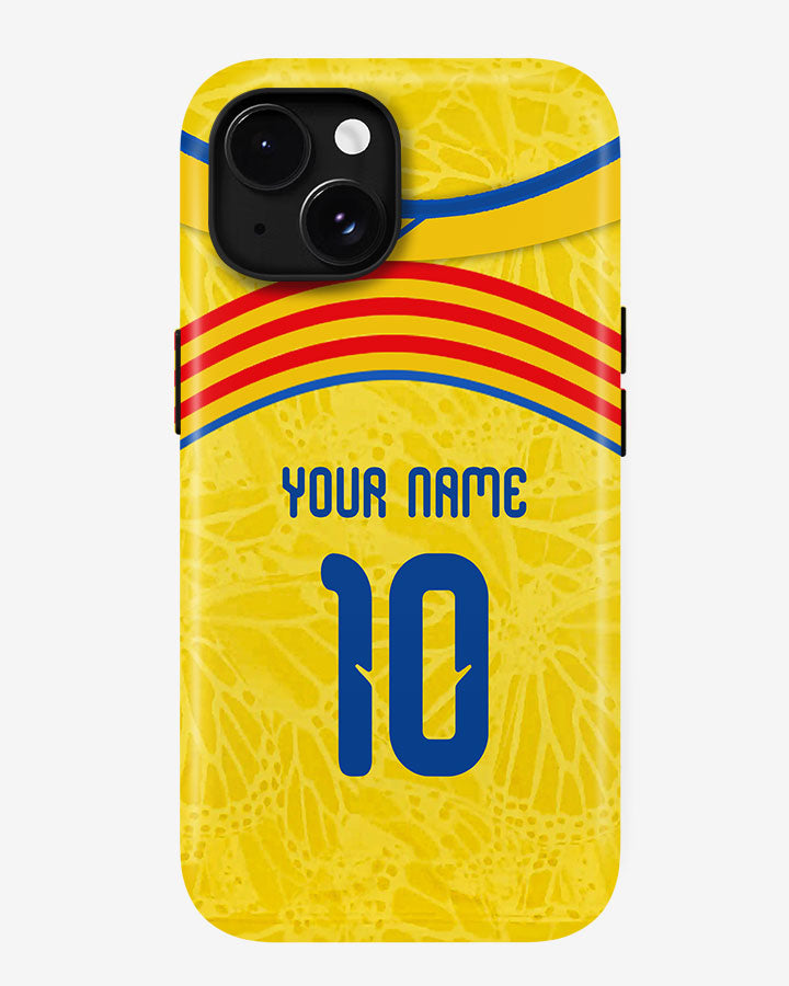 Phone case with yellow background, red and blue stripes, and customizable text.